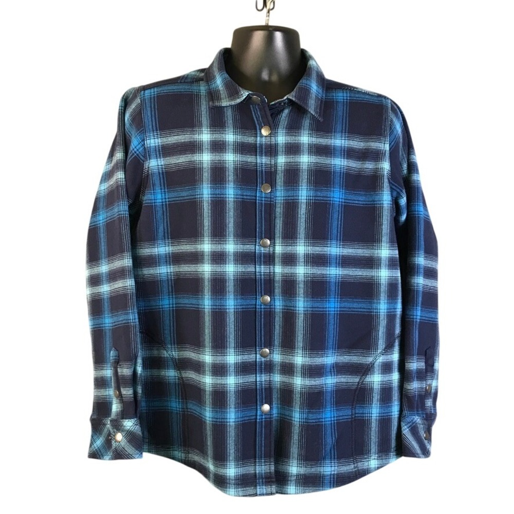 Orvis Womens XL Blue Plaid Fleece Lined Flannel Snap Front Shirt Jacket Shacket
